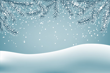 Wall Mural -  Winter background with falling snow and fir branches and ground covered with snow. Christmas card with space for text.