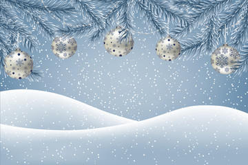Wall Mural -  Winter background with falling snow, fir branches decorated with Christmas baubles and garlands, ground covered with snow. Christmas card with space for text.