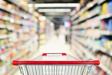 Empty shopping cart with abstract blur supermarket discount store aisle and product shelves interior defocused background