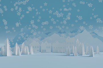 paper landscape with mountains of Christmas tree building on a blue background and falling snowflakes