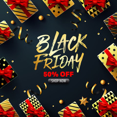 Wall Mural - Black Friday Sale Poster with gift box for Retail, Shopping or Black Friday Promotion in red and black style.Vector illustration EPS10