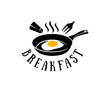 Frying pan with fried eggs, salt cellar and fork, logo design. Breakfast, restaurant, snack bar, fast food, organic and natural food, vector design and illustration