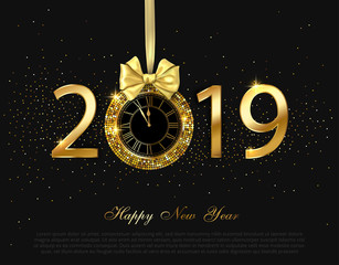 Wall Mural - Happy New Year 2019 shiny poster with golden clock and satin bow.