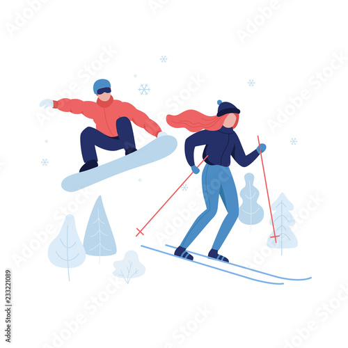 Cuadros en Lienzo People skiing and snowboarding in winter park rest zone vector flat illustration isolated on white background