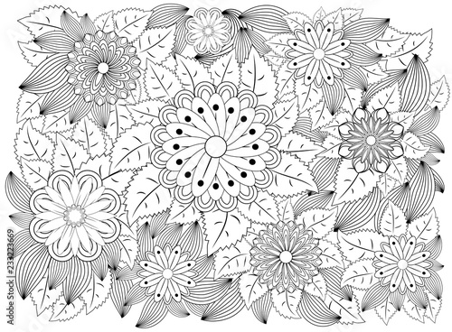 Fantasy Flowers Coloring Page Hand Drawn Doodle Floral