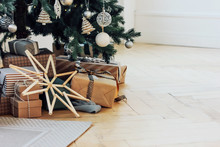 Gifts Under Decorated Christmas Tree, Minimalistic Scandinavian Decor Background
