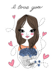 Wall Mural - vector cute fashion illustration with a beautiful brunette girl holding a basket full of blue flowers, 'I love you' lettering and pink hearts for saint valentine's holiday and greeting cards.