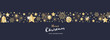 Christmas time. Dark blue and golden snowflake and star seamless border with bell and Christmas balls. Text : Merry Christmas 