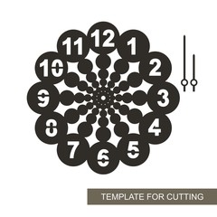 Wall Mural - Dial with arrows and arabic numerals. Silhouette of clock on white background. Decor for home. Template for laser cutting, wood carving, paper cut and printing. Vector illustration.