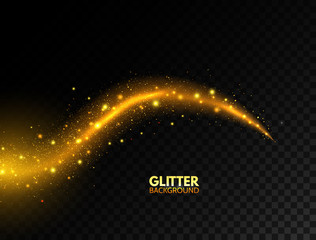 Wall Mural - glowing golden wave. glitter gold curved lines. star dust. sparkling magic wave with bright particle
