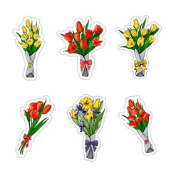  A collection of stickers from bouquets of red and yellow tulips, purple irises.Hhand drawn grapihic and colored sketch. Vector illustration isolated on white background.