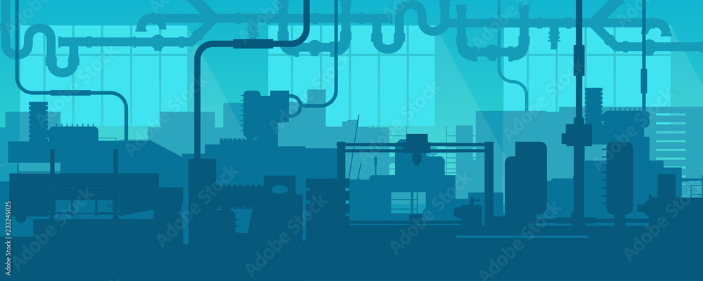 Creative vector illustration of factory line manufacturing industrial plant scen interior background. Art design the silhouette of the industry 4.0 zone template. Abstract concept graphic element - obrazy, fototapety, plakaty 