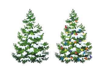 vector illustration of decorated christmas tree in snow on white background. green fluffy christmas 