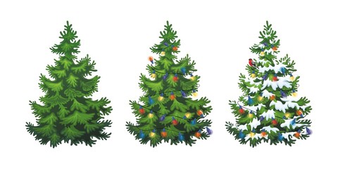 vector illustration of decorated christmas tree in snow on white background. green fluffy christmas 