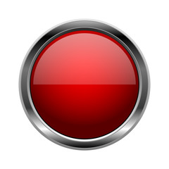Red glass button. Round 3d shiny icon with metal frame