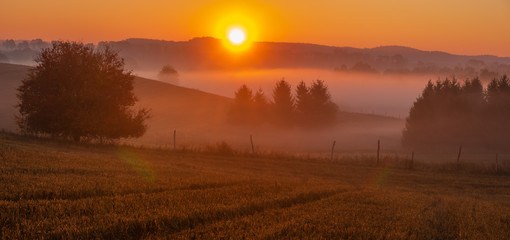 Wall Mural - beautiful, misty sunrise over autumnal meadows and fields