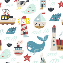 Childish Seamless Pattern With Ship, Cute Whale, Lighthouse And Waves. Scandinavian Style. Summer Marina Background. Perfect For Fabric, Textile. Vector Background. Pastel Colors