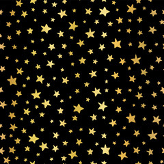 Wall Mural - Handdrawn stars gold foil vector background. Seamless pattern for Christmas and celebrations. Hand drawn golden stars on black. For gift wrapping paper, greeting cards, wallpaper, poster, web banner