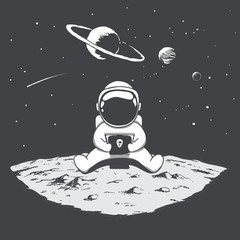 cute astronaut sits on moon and playing on a smartphone .space vector illustration
