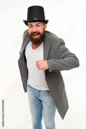 Fotografie, Obraz Man bearded guy cheerful face solve problem as magician