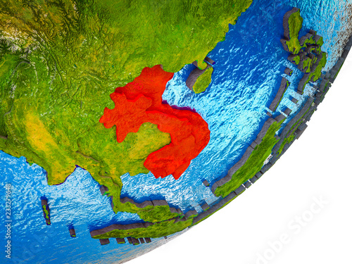 Foto Indochina on 3D model of Earth with water and divided countries.