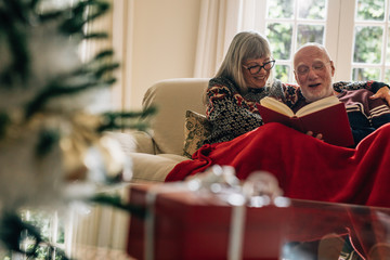 Happy senior couple reading a book sitting at home