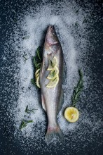 Overhead View Of Fish With Rosemary, Salt And Lemons