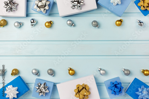 Copy Space On A Light Blue Background Blue And White Gift Boxes