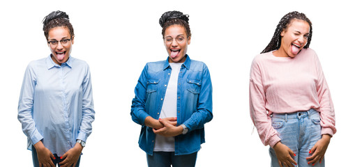 Collage of beautiful braided hair african american woman over isolated background sticking tongue out happy with funny expression. Emotion concept.