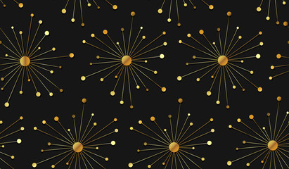 Wall Mural - Vector seamless background with gold foiled elements on black backdrop. Beautiful repeating pattern with abstract shapes. Chic and luxury endless wallpaper with abstract golden objects.