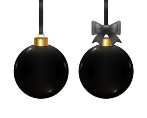 Wall Mural - Black vector realistic Christmas balls isolated on white background. Set of 2 beautiful Xmas toys. New year balls with bow ribbon.