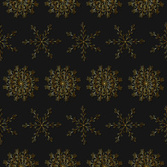 Wall Mural - Royal vintage seamless pattern. Beautiful vector repeating texture with gold snowflakes on black background. Christmas design for fabric, textile and surface. Abstract creative winter wallpaper.