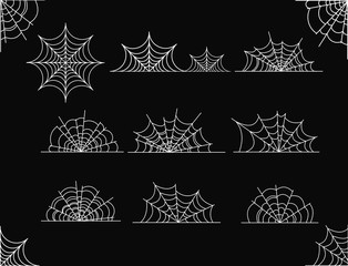 Vector illustration set of spider web of different shapes on black background.