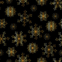 Wall Mural - Beautiful vector seamless pattern with gold snowflakes on black background. Christmas design for fabric, textile and surface. Abstract creative winter texture. Royal vintage repeating pattern.