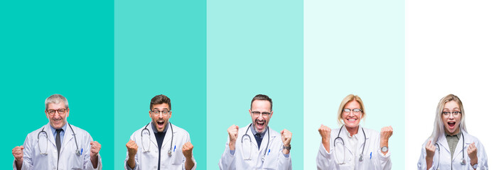 Collage of group of doctor people wearing stethoscope over colorful isolated background celebrating surprised and amazed for success with arms raised and open eyes. Winner concept.