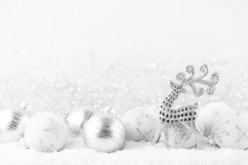 christmas greeting card. festive decoration on bokex silver background. new year concept. copy space