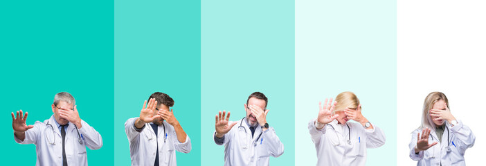 Sticker - Collage of group of doctor people wearing stethoscope over colorful isolated background covering eyes with hands and doing stop gesture with sad and fear expression. Embarrassed and negative concept.