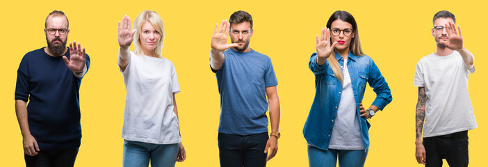 Wall Mural - Collage of group people, women and men over colorful yellow isolated background doing stop sing with palm of the hand. Warning expression with negative and serious gesture on the face.