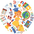 School items vector illustration. Girl with backpack supplies, globe, scissors, copybooks, pencils, rubbers, calculator, bell, clips, magnifier, magnet for banners and posters.