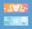 Baby shower girl and boy clothes, vector illustration. Clothing fornewborn children. Cute cartoon ducks, stars and whales for banner, flyer, invitation, brochure, poster.