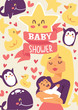 Baby shower vector illustration. Mother holding her little baby. Smiling mom with cheerful kid. Cute duck, star, whale,penguin. Banner, poster, invitations greeting card.