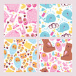 Baby shower seamless pattern set. Cute kids vector illustration. It s a girl, it s a boy. Celebration of delivery or expected birth of a child. Being mother, motherhood background.