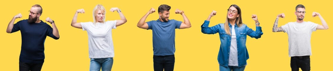 Sticker - Collage of group people, women and men over colorful yellow isolated background showing arms muscles smiling proud. Fitness concept.