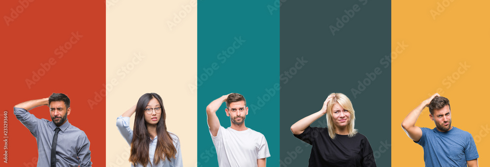 Collage of different ethnics young people over colorful stripes isolated background confuse and wonder about question. Uncertain with doubt, thinking with hand on head. Pensive concept. - obrazy, fototapety, plakaty 