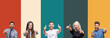 © Krakenimages.com - Collage of different ethnics young people over colorful stripes isolated background approving doing positive gesture with hand, thumbs up smiling and happy for success. Looking at the camera