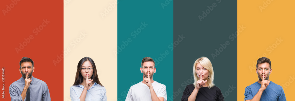 Collage of different ethnics young people over colorful stripes isolated background asking to be quiet with finger on lips. Silence and secret concept. - obrazy, fototapety, plakaty 