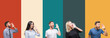Collage of different ethnics young people over colorful stripes isolated background shouting and screaming loud to side with hand on mouth. Communication concept.