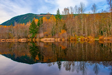 Fall Colors Reflections At Lake Cowichan In Vancouver Island