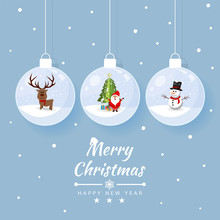 Merry Christmas Glass Ball With Element Collection Banner. Reindeer, Santa, Snowman At Snow. Vector Illustration