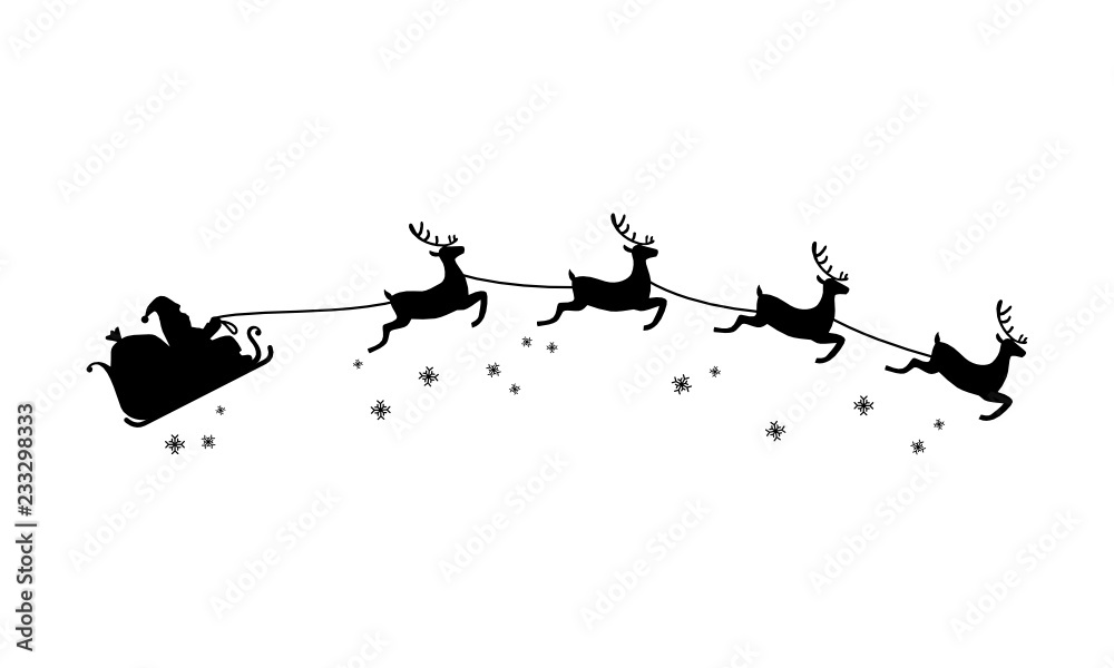 Santa Claus Ride On Sleigh Drawn By Flying Reindeer Silhouette Illustration Christmas Concept